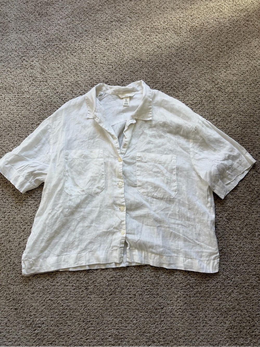 H&M Boxy Linen Button Down Top White Cropped Large
